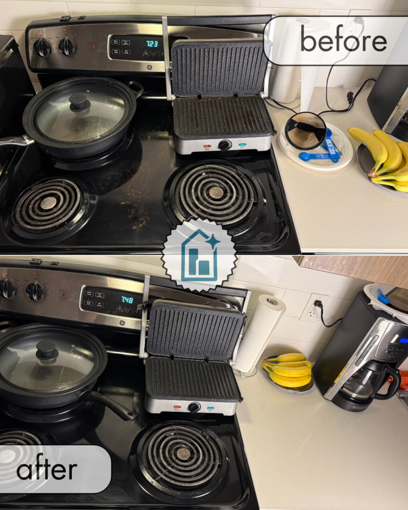Before and after of a Toronto condo kitchen stovetop and countertop