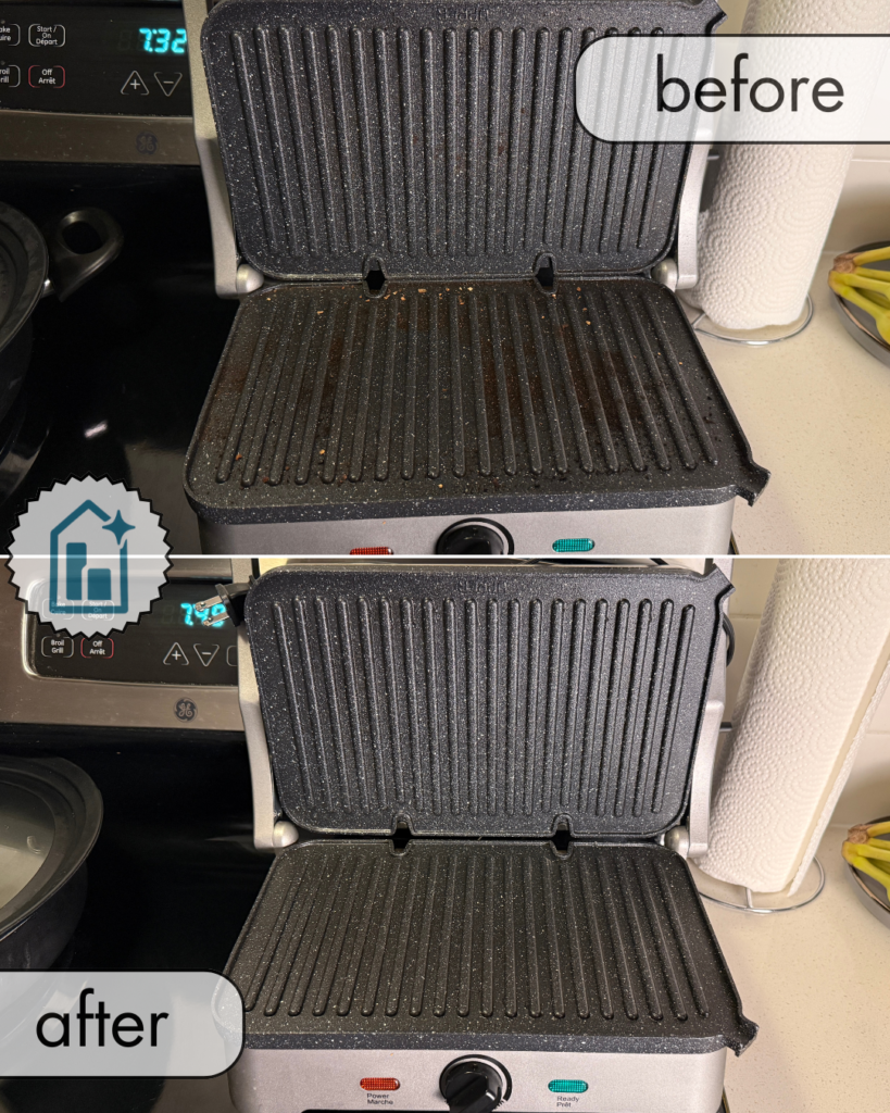 Before and after of a small kitchen appliance wiped and cleaned